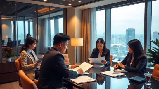 English speaking Korean lawyers collaborating in a modern office setting with city skyline.